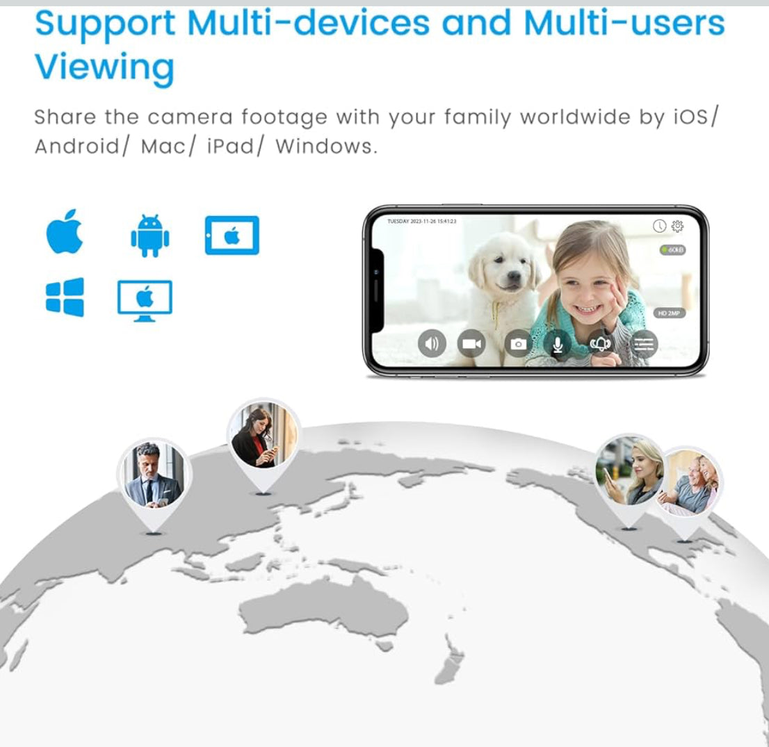 Indoor Smart Home Security Camera with starlight ,1080p HD Pet camera with phone App ,2.4ghz with Night Vision , Baby monitor with motion detection, Auto tracking , SD Card & Cloud Storage , Work with Alexa